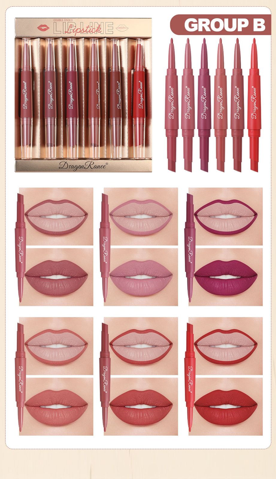 Dragon Ranee 
2 in 1 Lipsticks & Lip Liner
pack Of 6
